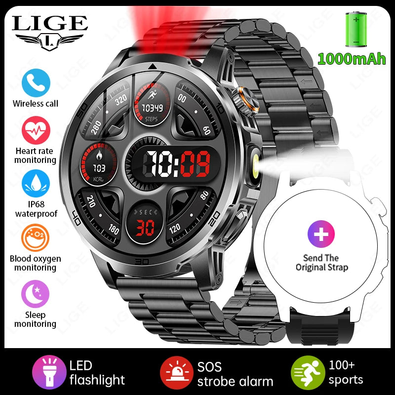 LIGE Nowy Wojskowy Zewnętrzny Inteligentny Zegarek 1,85" AMOLED Bateria 1000mAh 5ATM Wodoodporny Rozmowy Głosowe Sportowa Męska Opaska Fitness