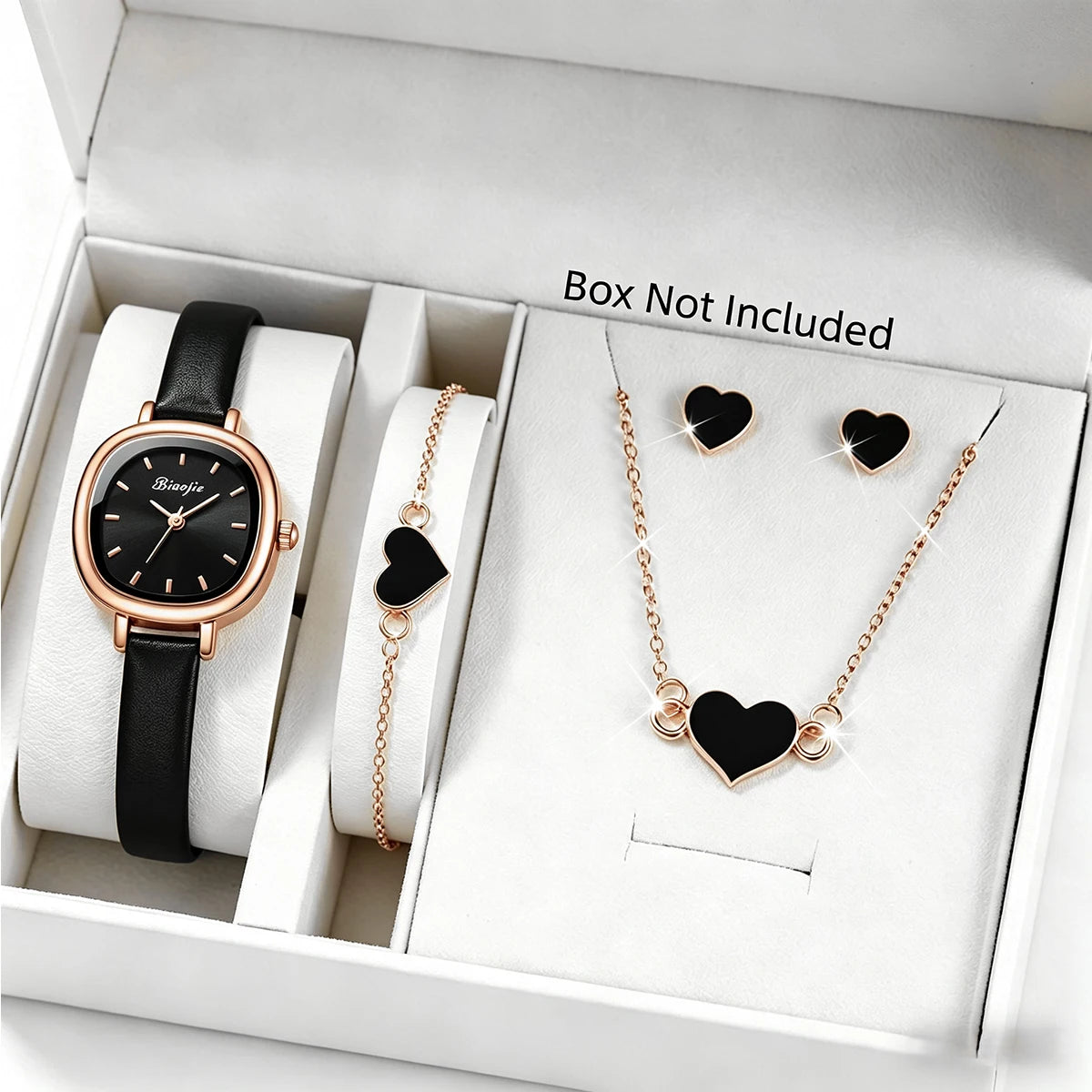 5PCS Elegant Women Watch Jewelry Set Fashion Leather Strap Quartz Wristwatch Heart Necklace Earrings Bracelet Gift (Without Box)