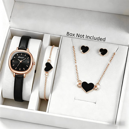 5PCS Elegant Women Watch Jewelry Set Fashion Leather Strap Quartz Wristwatch Heart Necklace Earrings Bracelet Gift (Without Box)