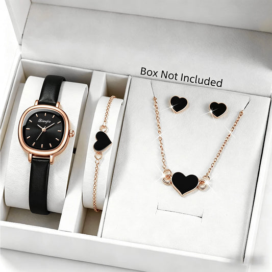 5PCS Elegant Women Watch Jewelry Set Fashion Leather Strap Quartz Wristwatch Heart Necklace Earrings Bracelet Gift (Without Box)