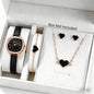 5PCS Elegant Women Watch Jewelry Set Fashion Leather Strap Quartz Wristwatch Heart Necklace Earrings Bracelet Gift (Without Box)