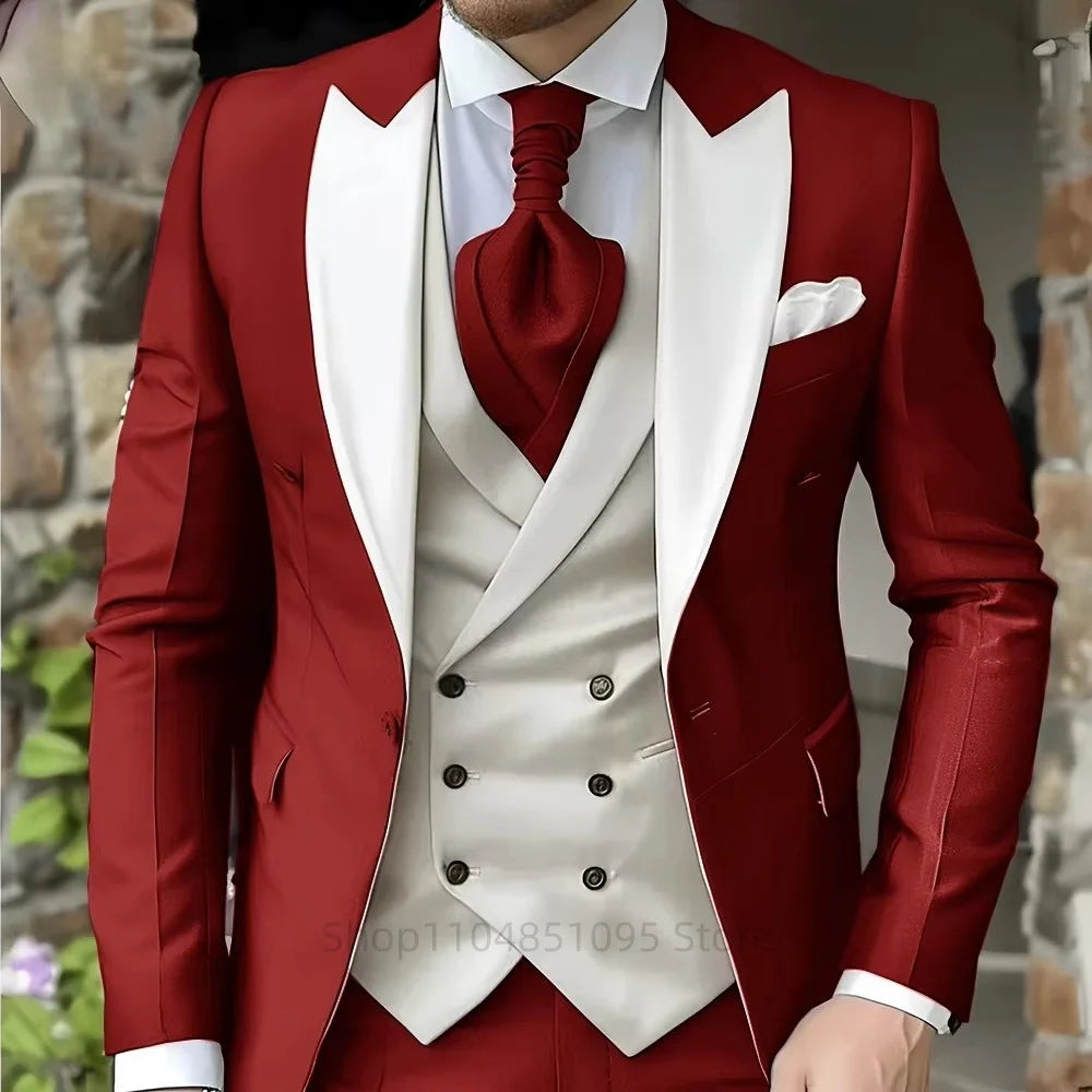 Elegant Peak Lapel Jacket Groom Tuxedo 3 Pieces Blue Men's Suits Blazer Vest and Pants Set Formal Men's Suit for Business