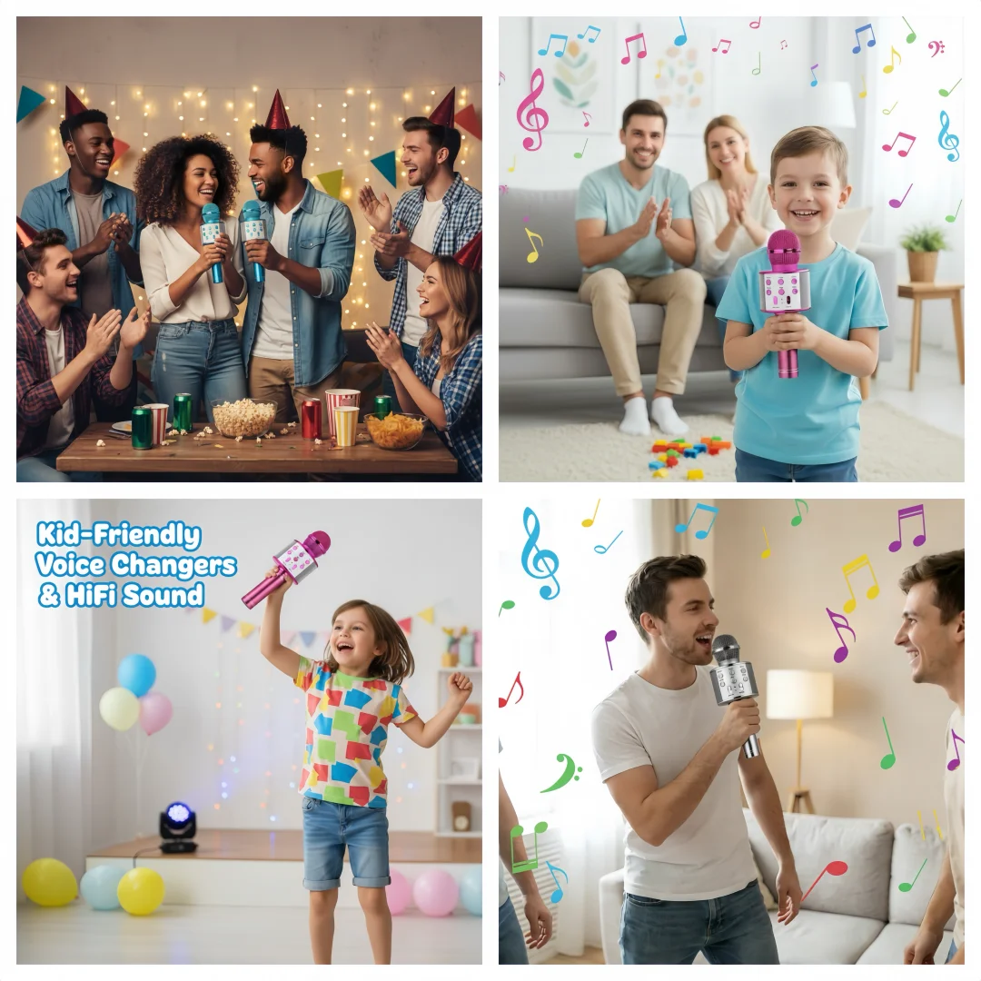 Portable Bluetooth Karaoke Microphone with 5 Voice Changer Reverb Adjustment Recording Function Microphone for Kids Gifts