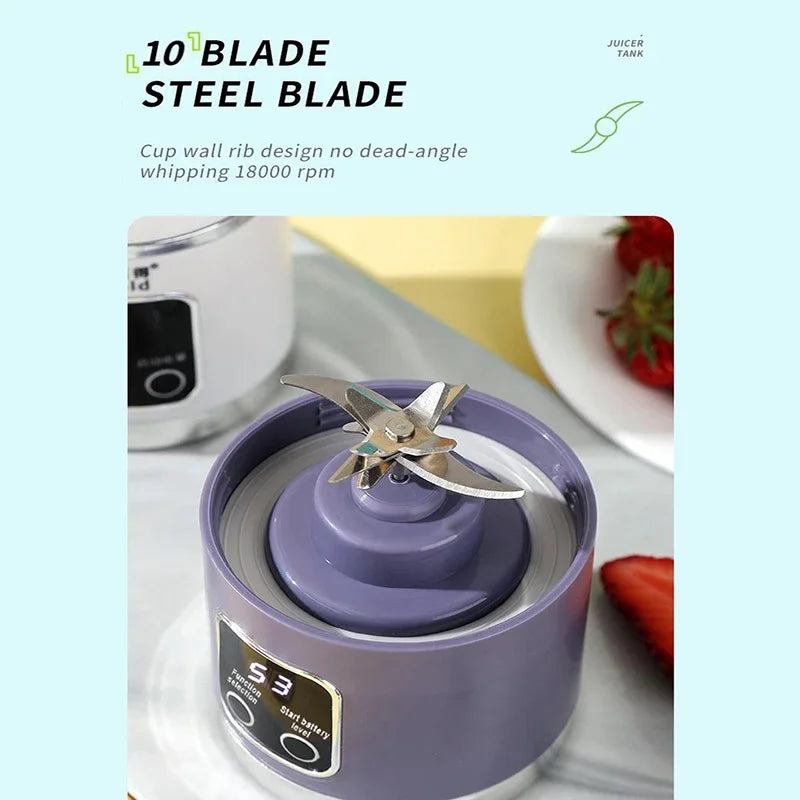 10 Blades Portable Fruit Juicer 450ml Capacity 3 Gears USB Rechargeable Blender Ice Crusher for Shakes and Smoothies Juicer Cup