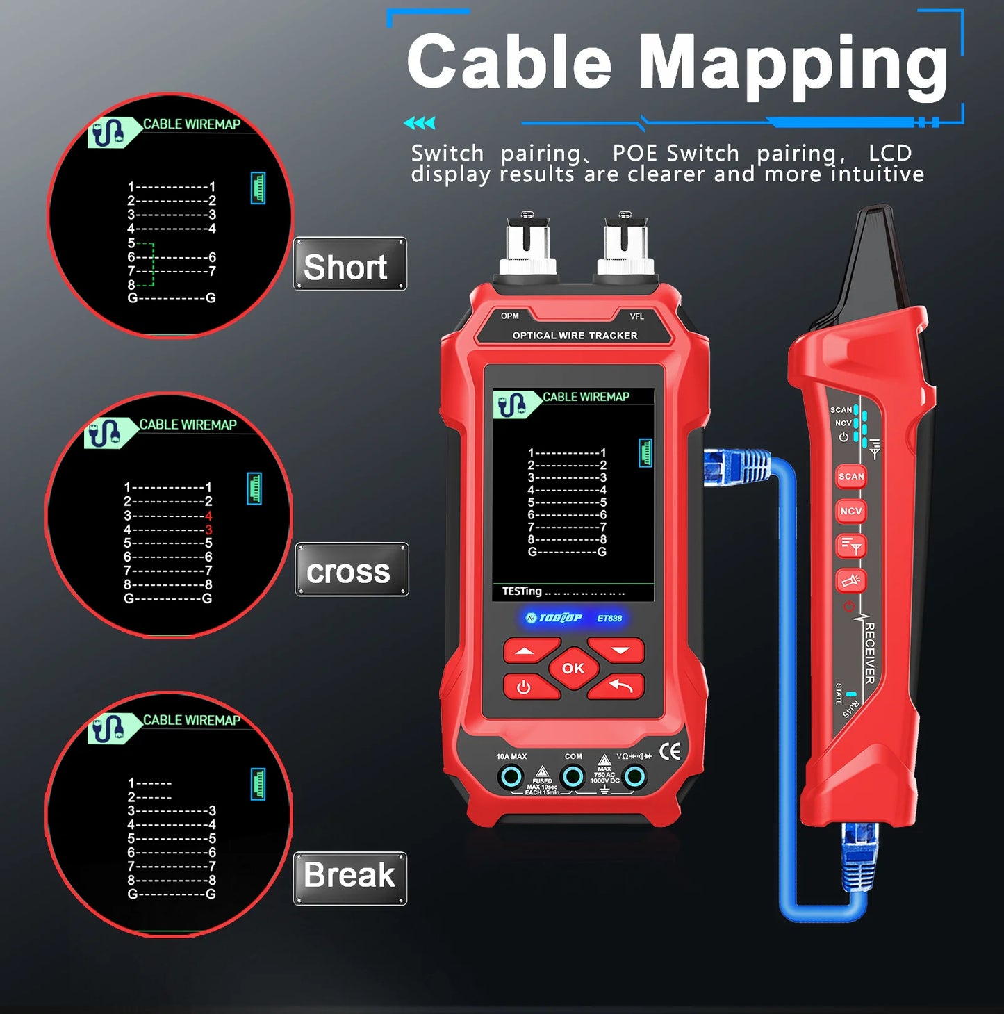 TOOLTOP Network Cable Tester 4 in 1 Multi-function Fiber Optical Power Meter Visual Fault Locator noise-free LAN Line Tracking