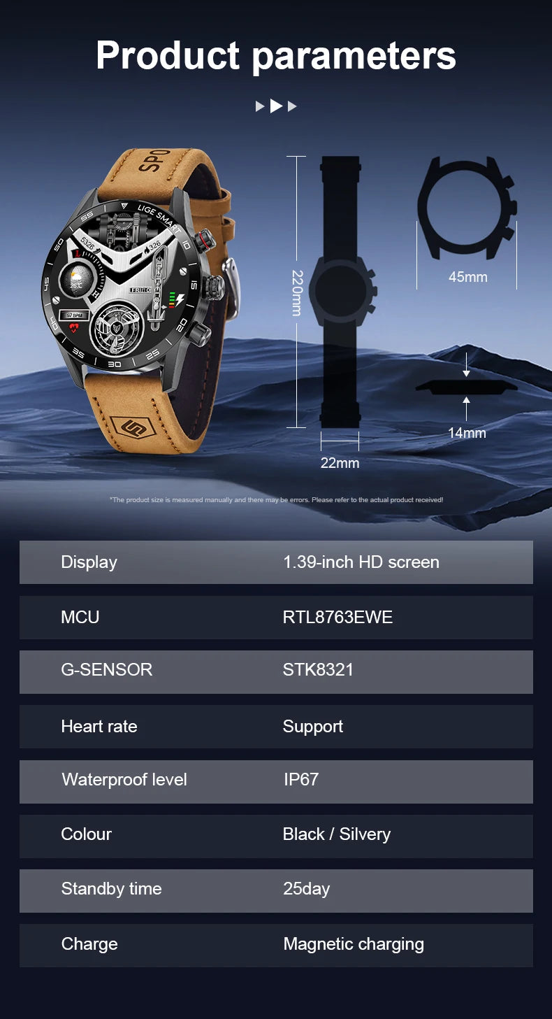 LIGE 2025 New Rugged Military Sports Smart Watch Men 1.39” HD Screen Heart Rate Bluetooth Call Waterproof Outdoor Men SmartWatc
