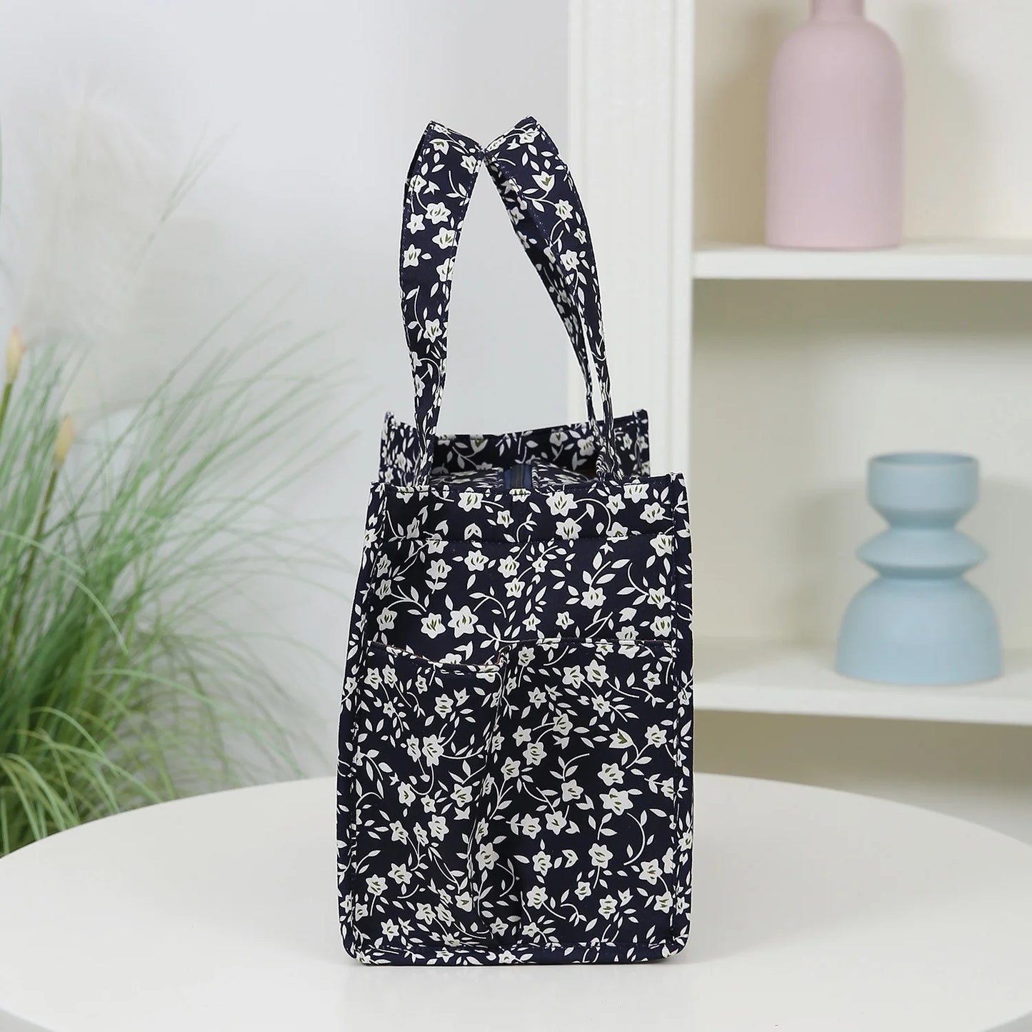 New floral print thickened fabric handbag, lunch bag, portable lunch box storage bag, zipper design, multifunctional tote