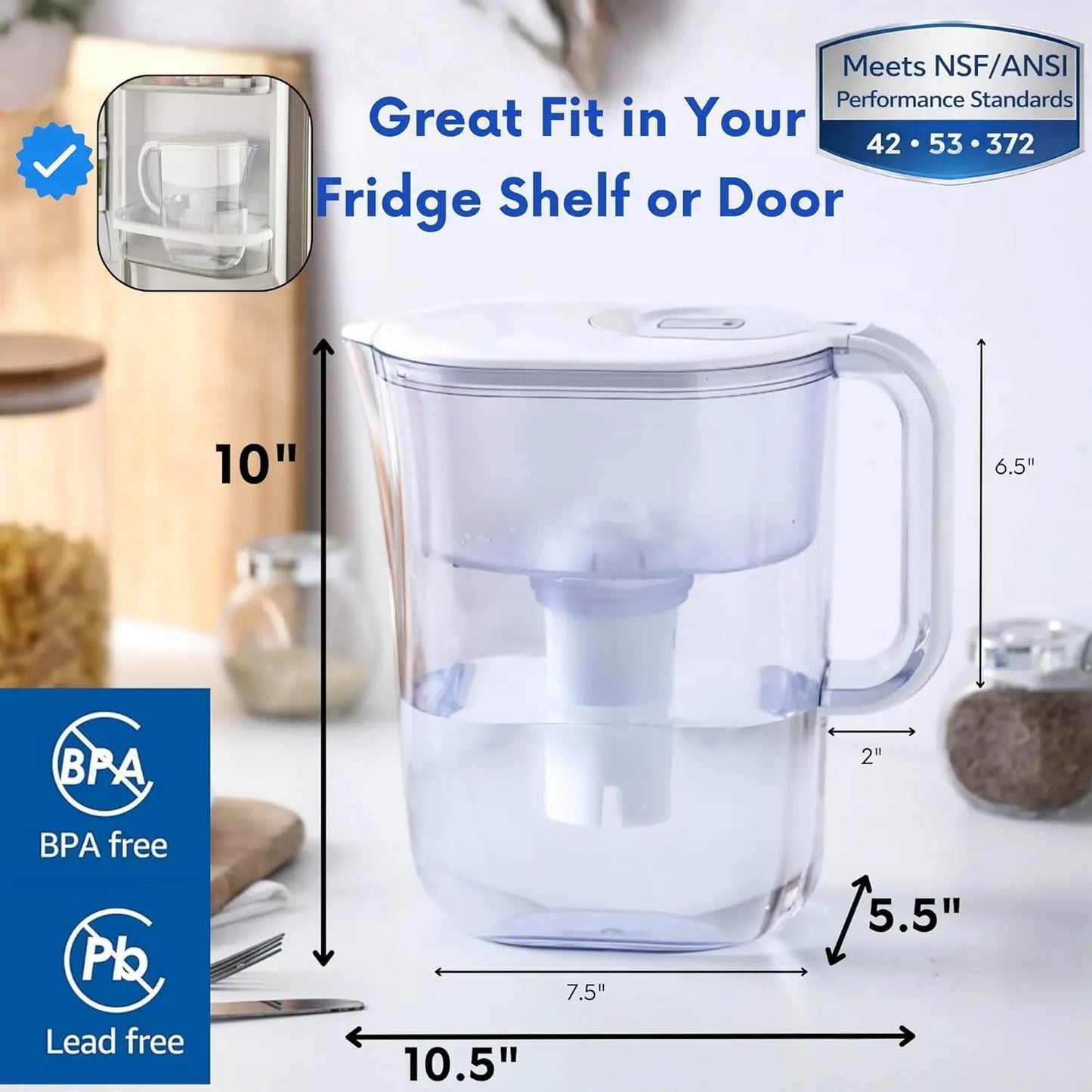 10-Cup Water Filter Pitcher with 2 Longlast Filters, Electronic Filter Change Reminder, Compatible with Brita Pitcher