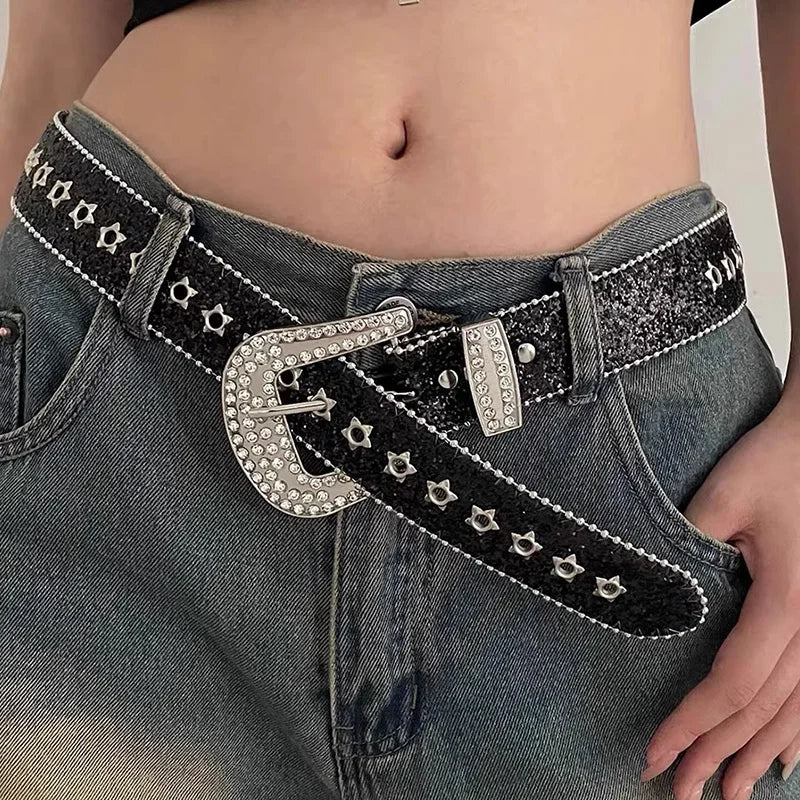 Gothic Black Silver Metal Buckle Rhinestone Belt Luxury Desiner Four Seasons Y2K Womens Jeans Belt Plus Size Men's Waistband