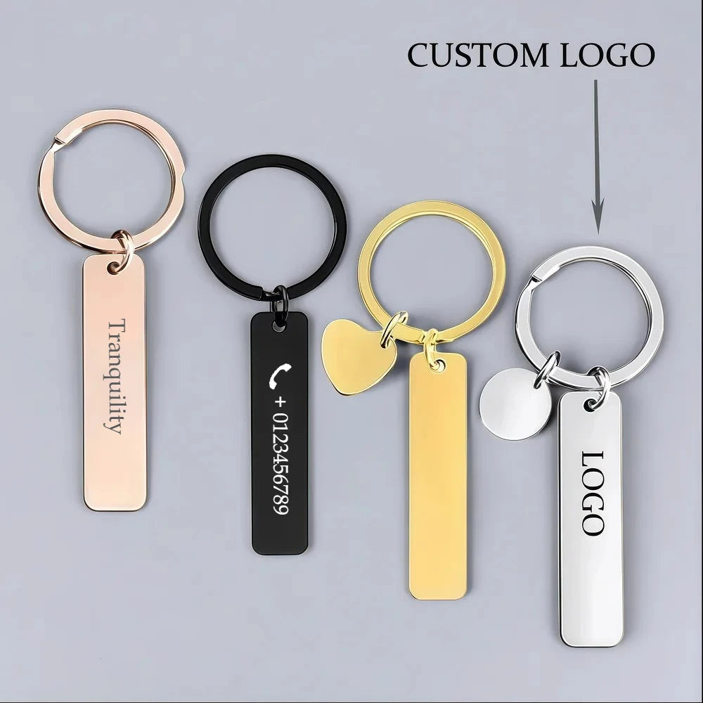 New Style Rectangular Hang Tag Metal Key Ring  Stainless Steel Custom Logo Name Keychain Engraved Laser Advertising Gift