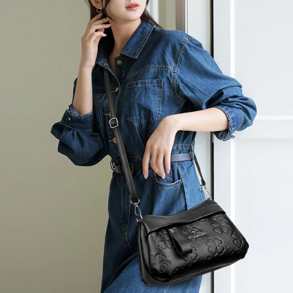 3 Layers Vintage Knurling Shoulder Crossbody Bags for Women Designer Retro PU Leather Ladies Purse Handbags Casual Messenger Bag