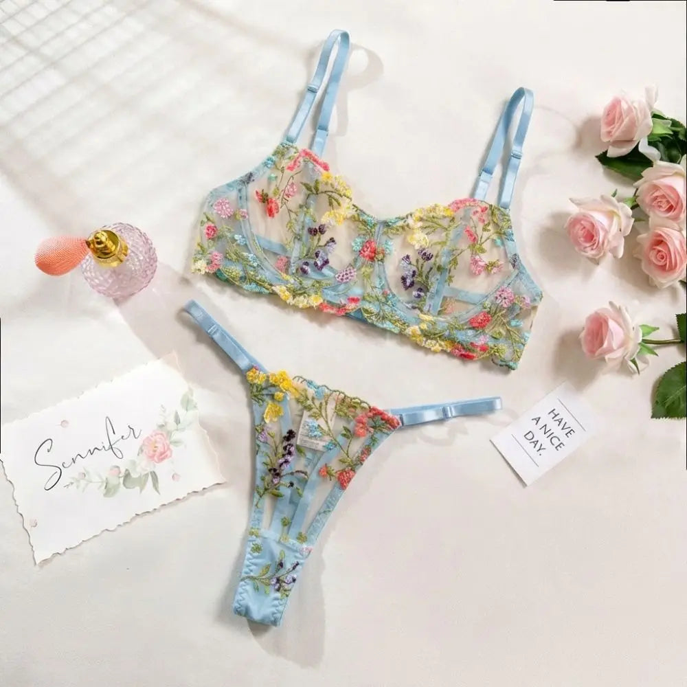 2-Piece Floral Lingerie Set Sheer Embroidery Underwear Intimates Underwire Push-up Versatile Bra Panty Set For Lady Girl