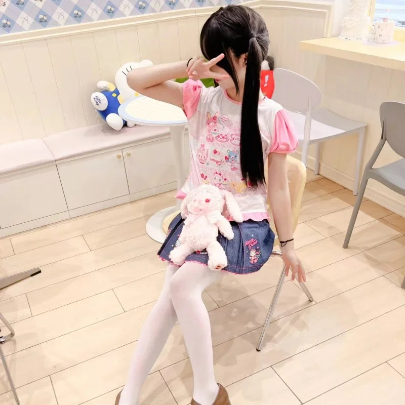 Japanese Girl Woman Clothing Cute Printed Short T-shirts Female Summer Colorful Short Tops Kawaii Pulover Youthful y2k Clothes