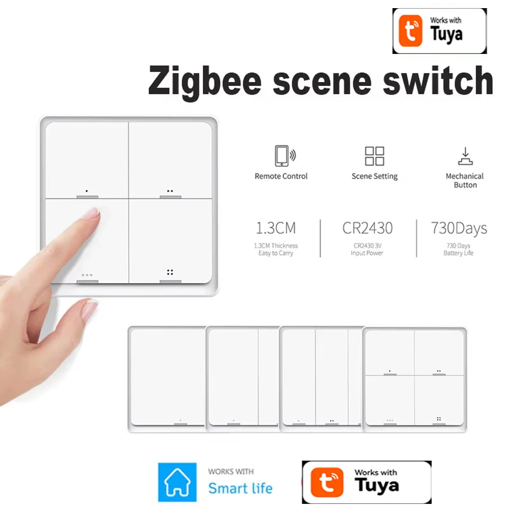 Works with Tuya Zigbee Smart Scene Switch Button 4 Gang 12 Scene Switch Push Button Controller in Smart Life App ZigBee Gateway