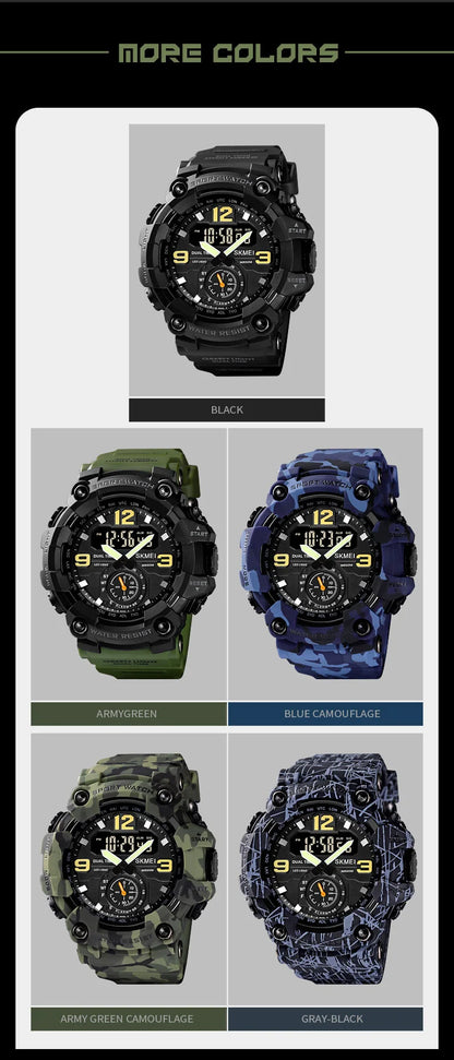 Skmei Dual Movement 3 Time Sport Wristwatch Mens Waterproof Electronic Watches Montre Homme Shockproof Digital Men Watch 1637