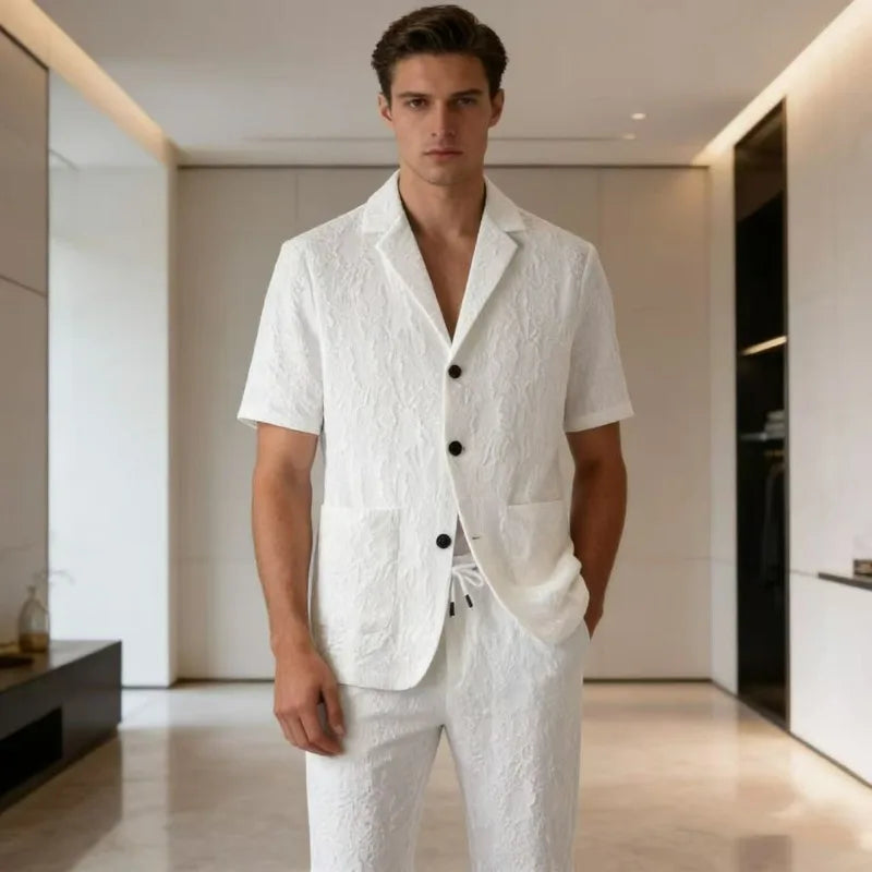 KIDWHXR Summer Man Suit Set Korean Thin Slim Short Sleeve Male 2-piece Outfit Men Single-breasted Blazer Elastic Waist Pant