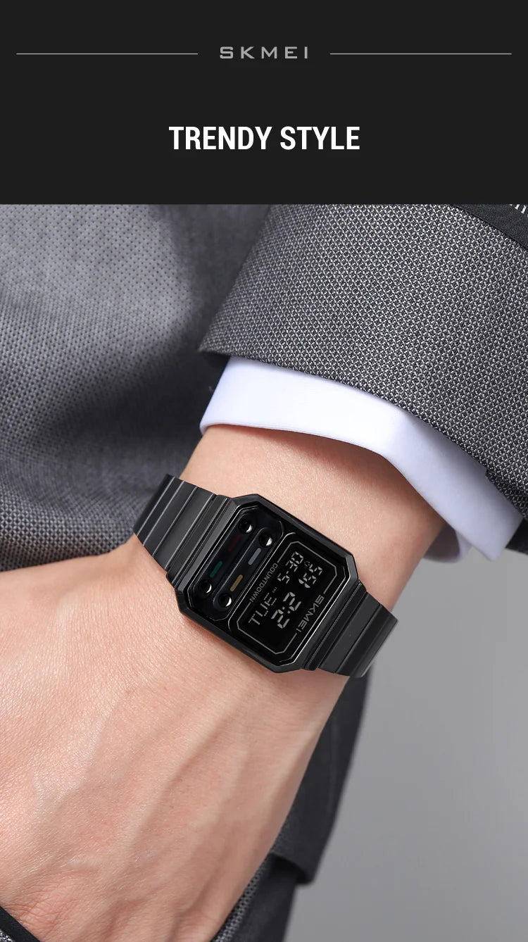 SKMEI 2448 Fashion Men Electronic Watch Vintage Business Luminous Calendar Waterproof Steel Strap Casual Digital Watches for Man