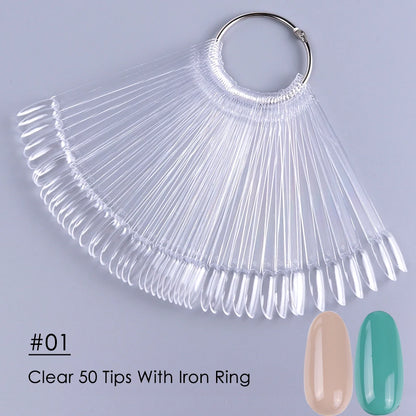 50pcs False Nail Display Tips Clear Nature Color Chart Oval Fan Style UV Gel Polish Swatch Shows Palette Practice Manicure Tools