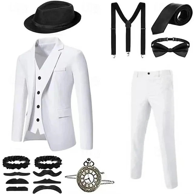 Retro Gatsby 1920S Men's Slim Fit Suit Set with Hat Vest Shirt for Engagement Party Dress Up