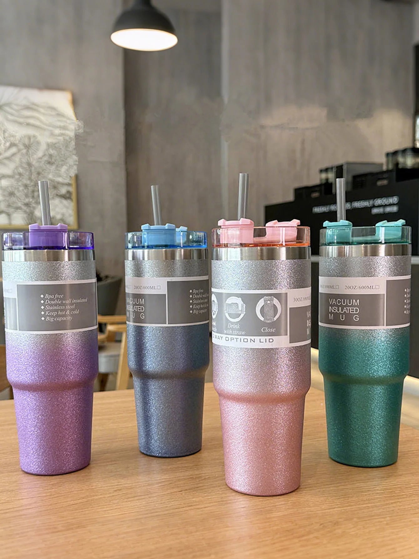 Gradient starlight double-layer stainless steel insulated and chilled cup - with a straw, flat-bottled cup, coffee cup, car cup