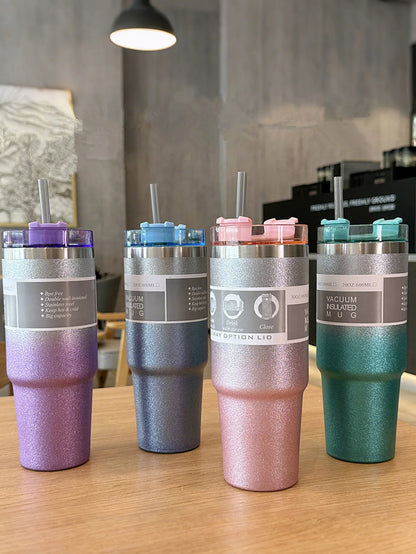 Gradient starlight double-layer stainless steel insulated and chilled cup - with a straw, flat-bottled cup, coffee cup, car cup