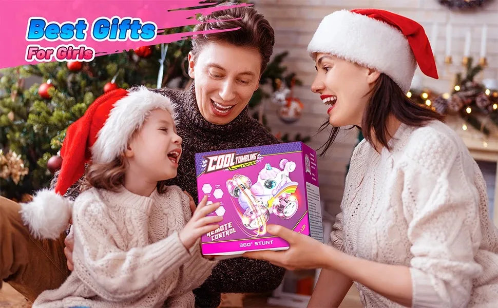 Unicorn Remote Control Car for Girls, 360° Rotating 4WD Stunt RC Cars with Cute Lights, Rechargeable Toys-Kid for Birthday Gifts