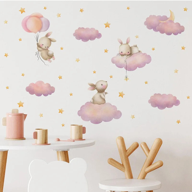 Cartoon Cute Rabbit Balloon Animal Wall Stickers Removable for Kids Room Living Room Nursery Background Decoration Wall Decals