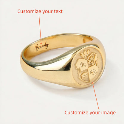 Family Crest Signet Ring Custom Image Logo Engraved Wax Seal Ring Inner Text Engraving 18K Gold Plated Heirloom Jewelry Gifts