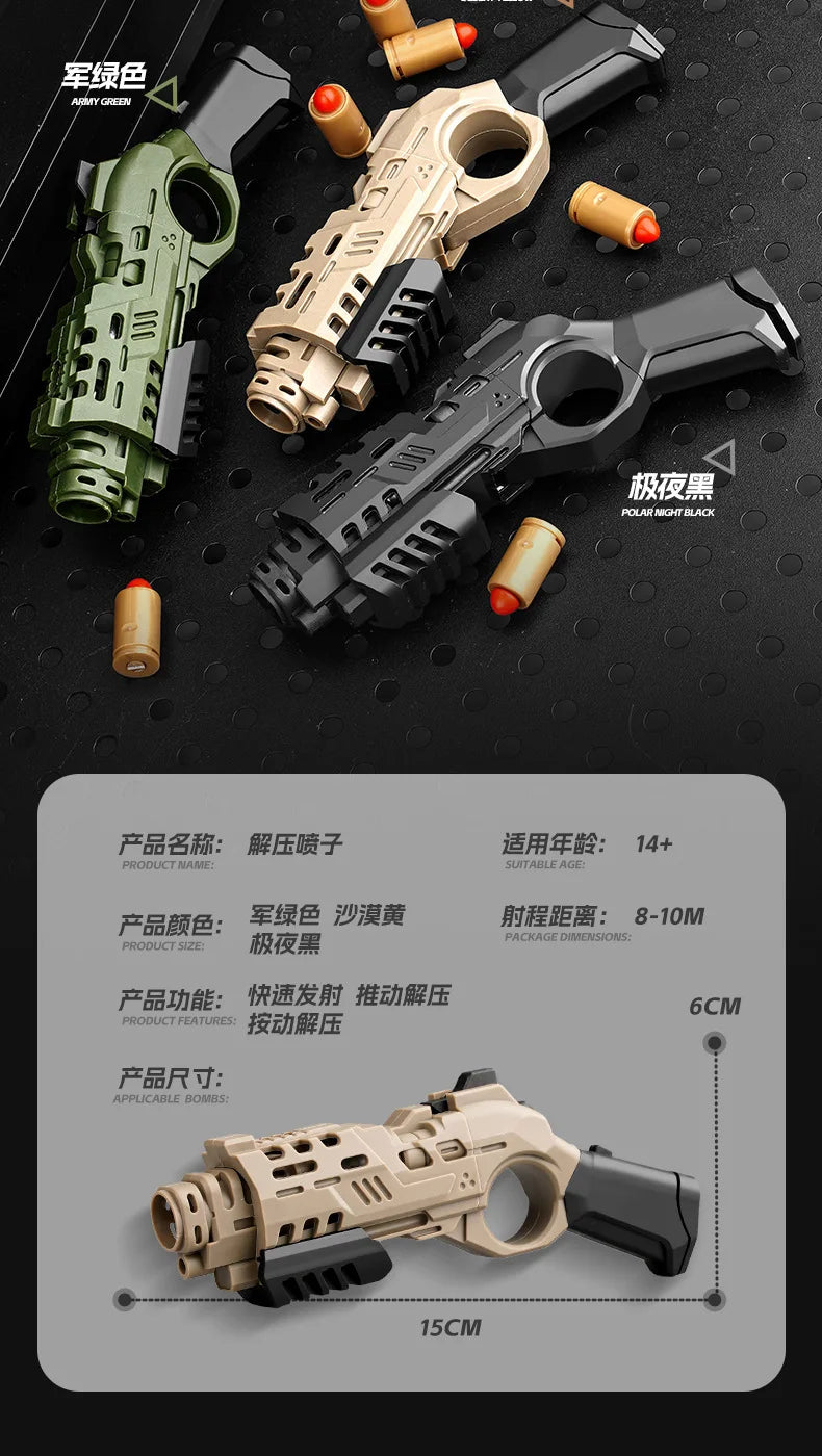EDC Shootable Toy Pistol with 1-Button Shell Ejection and Card Pushing Function, Black Technology Mini Handgun for Stress Relief