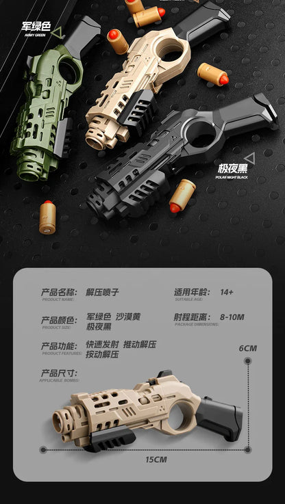 EDC Shootable Toy Pistol with 1-Button Shell Ejection and Card Pushing Function, Black Technology Mini Handgun for Stress Relief