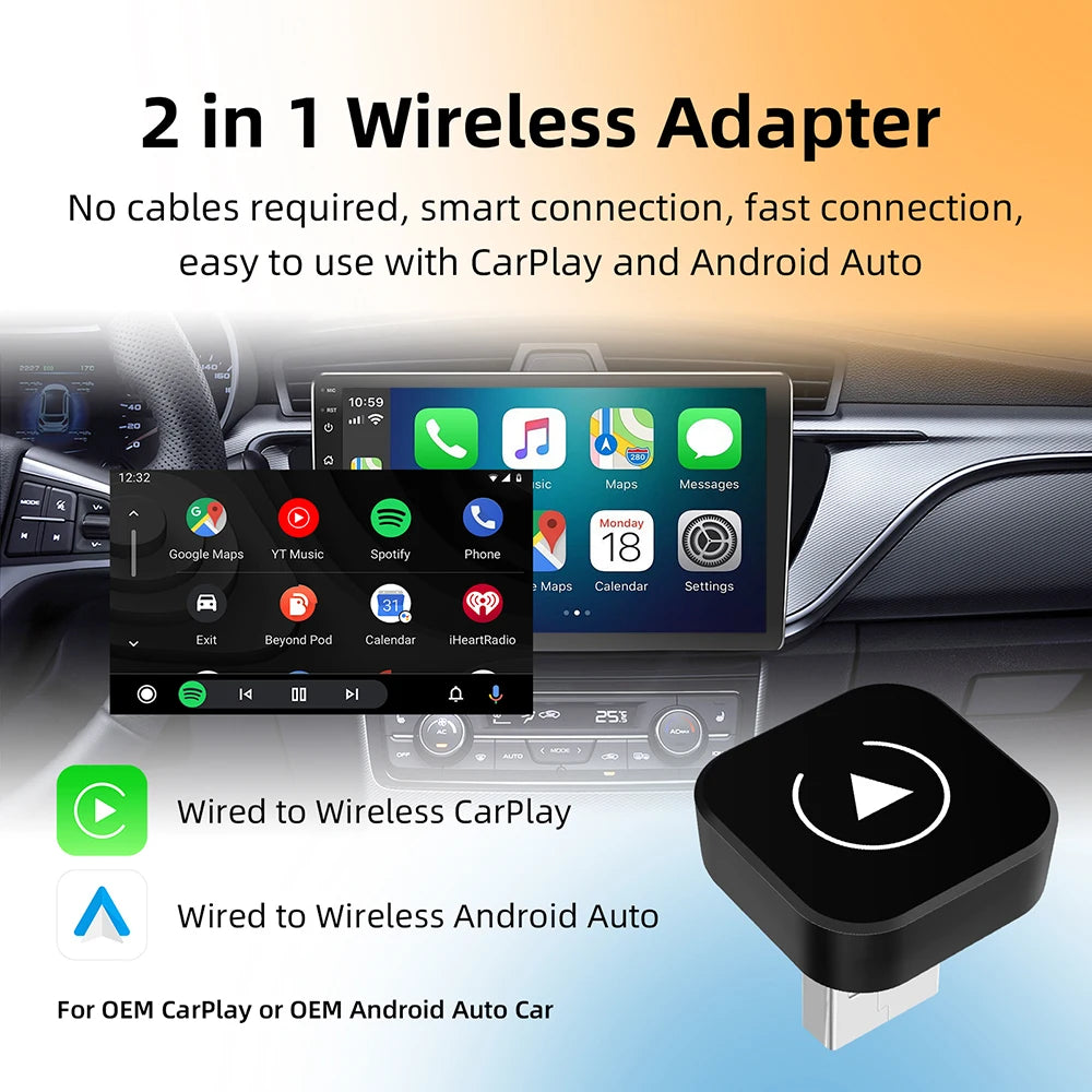 Mini 2in1 Wireless CarPlay Adapter Wireless Android Auto AI Smart Box Intelligent Systems for Wired CarPlay Car
