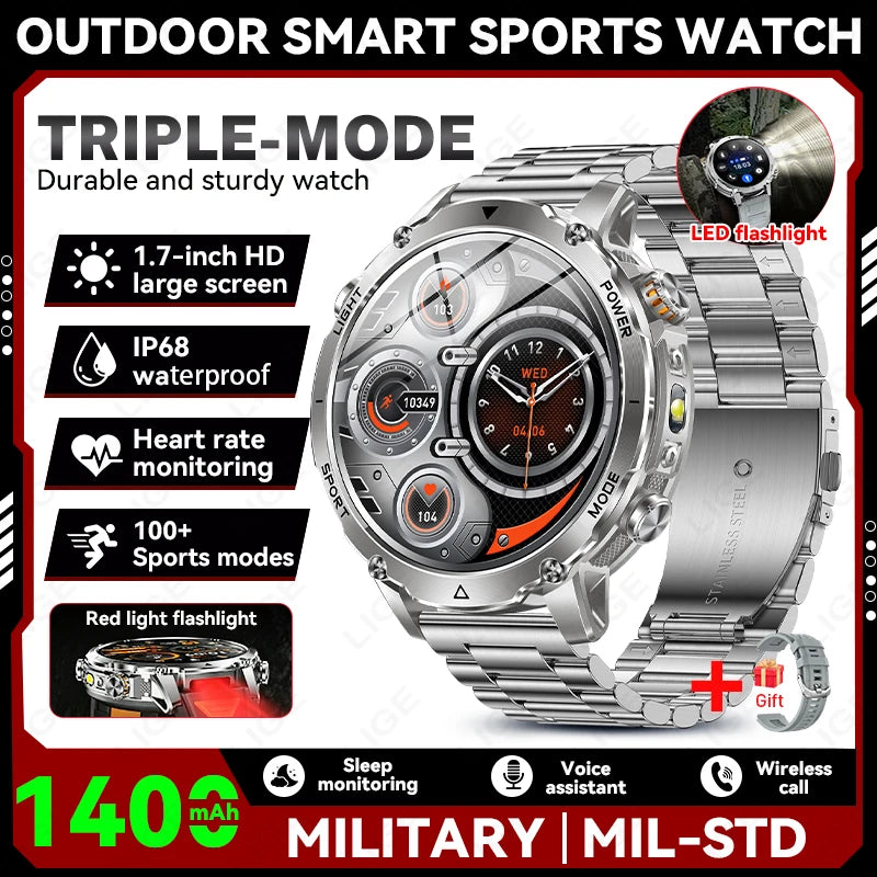 Smartwatch LIGE 2026 wojskowy, bateria 1400mAh, dla mężczyzn, latarka zewnętrzna, wodoodporność IP68, pulsometr, połączenia Bluetooth, bransoletka sportowa