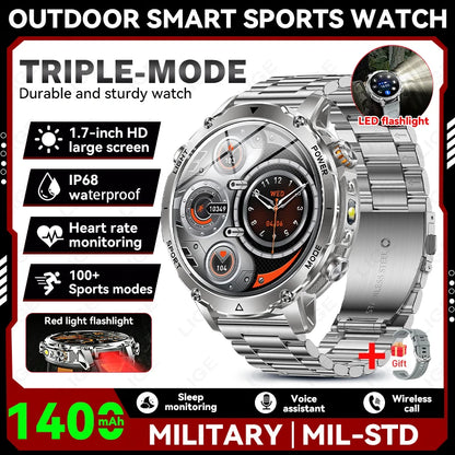 Smartwatch LIGE 2026 wojskowy, bateria 1400mAh, dla mężczyzn, latarka zewnętrzna, wodoodporność IP68, pulsometr, połączenia Bluetooth, bransoletka sportowa