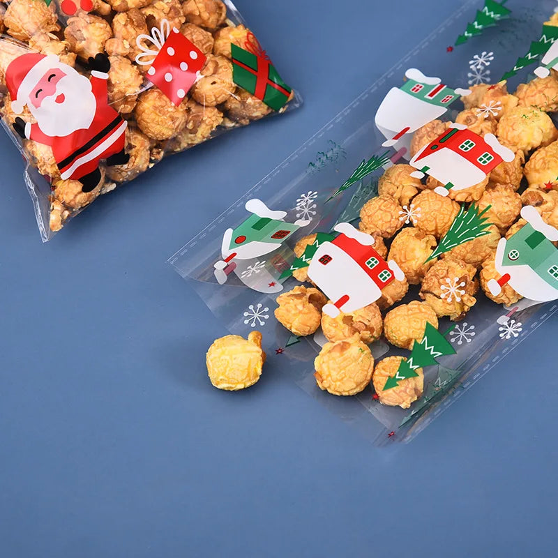 50/100pcs Christmas candy drawstring bag opp cellophane cookies nuts plastic bags New Year gift wrapping bags free gift ties