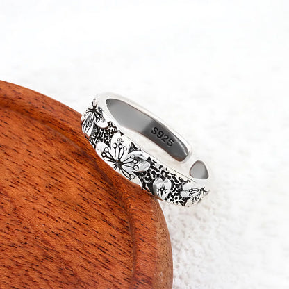 PANJBJ 925 Sterling Silver Lotus Ring For Women Retro TextureJewelry Irregular Creativity Adjustable Jewelry Party Gift Dropship
