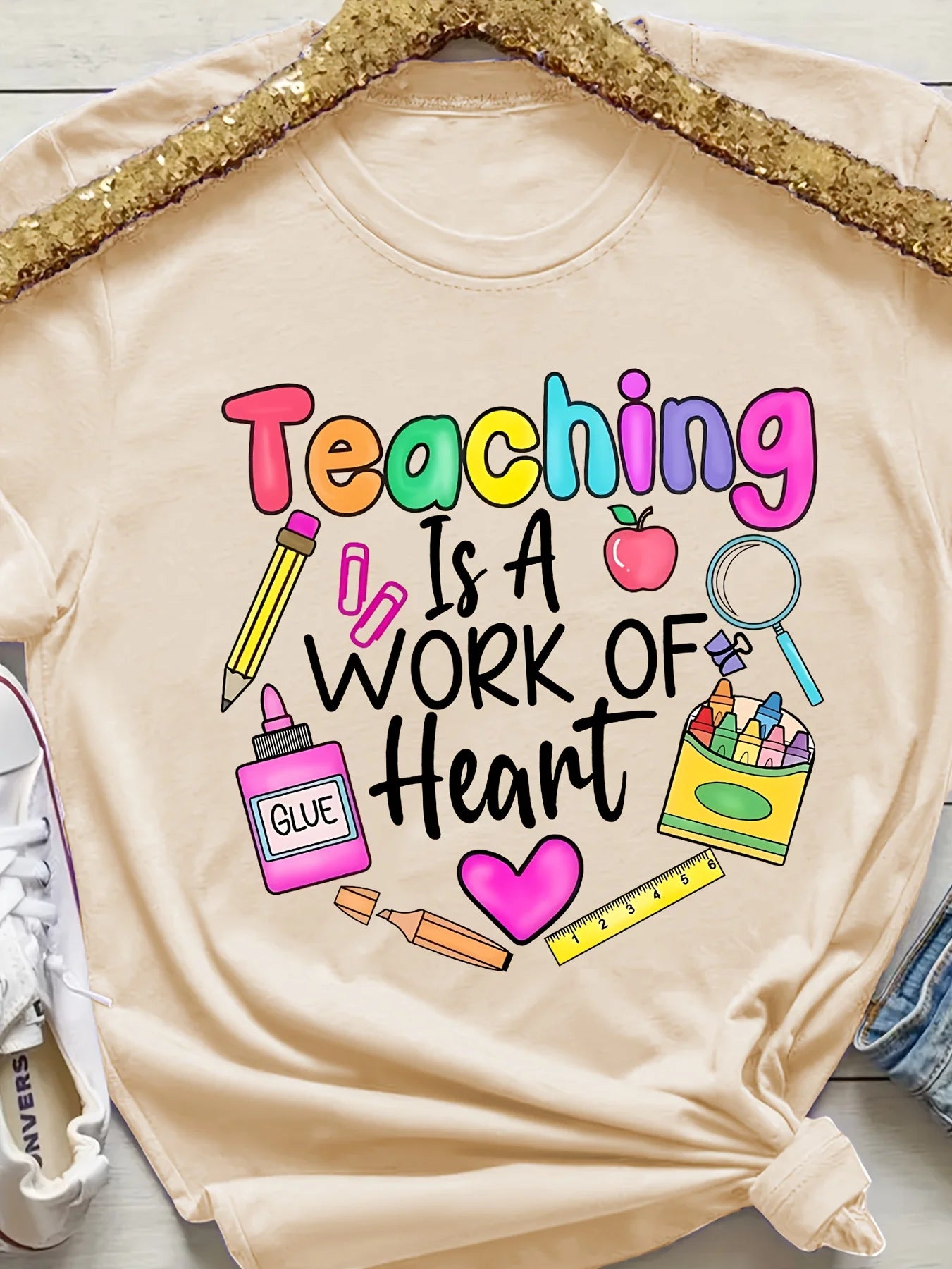 Teaching Is A Work Of Heart Women's Tee - Colorful Teacher Graphic, Casual Purple Top