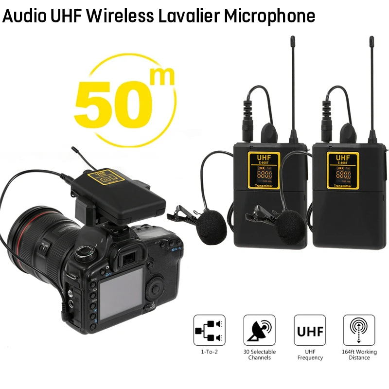 Professional UHF Wireless Lavalier Microphone with Audio Monitor Function Mic 2 Channels 80m Range for DSLR Cameras Interview