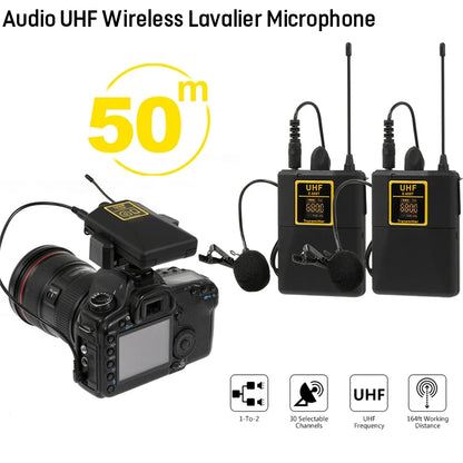 Professional UHF Wireless Lavalier Microphone with Audio Monitor Function Mic 2 Channels 80m Range for DSLR Cameras Interview