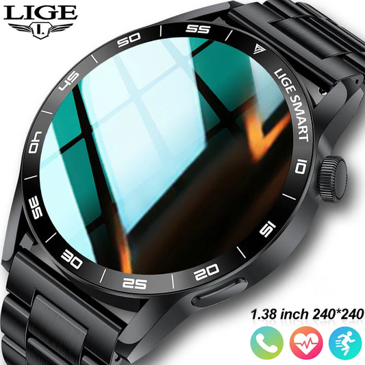 LIGE Full Touch Smartwatch Outdoor Military Smart Watch 1.38" HD Screen Bluetooth Call IP68 Waterproof Sport Fitness Watches Men