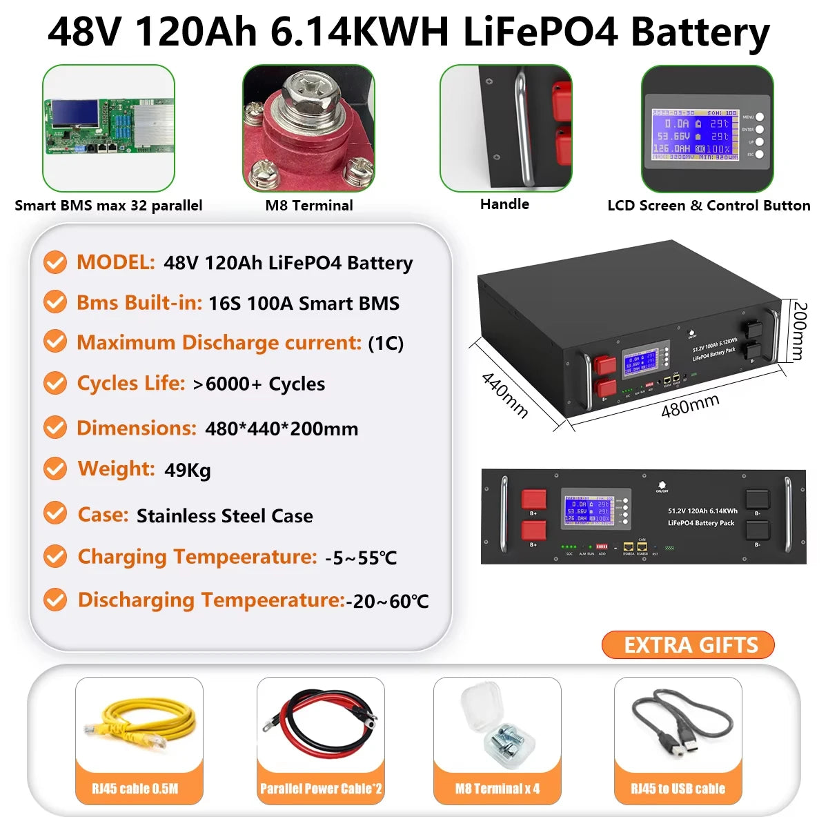 LiFePO4 48V 300AH 15Kwh Battery 51.2V 100AH 150AH 200AH Lithium Solar Home Battery 6000+ Cycles For Home Energy Storage EU Stock