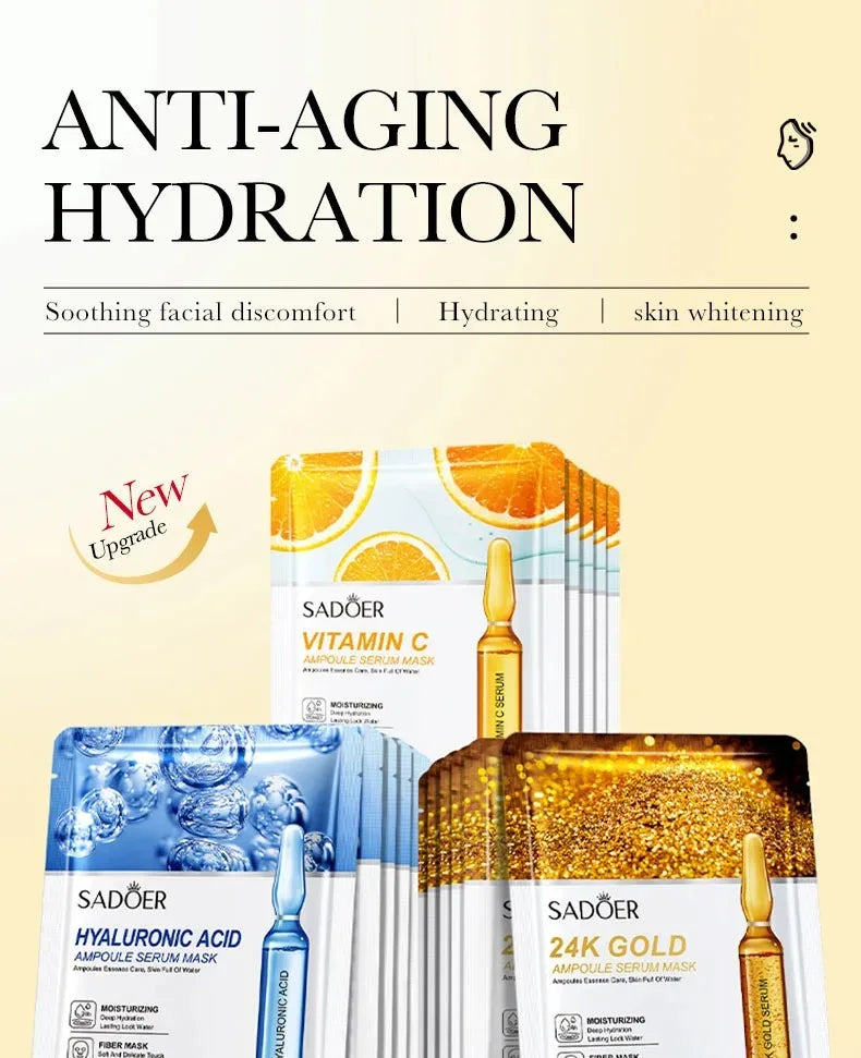 10-Piece Set Sadoer 24K Gold Vitamin C Hyaluronic Acid Mask Moisturizing Firming Hydrating Facial Care Mask Skincare Products