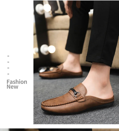 Summer Half Shoes For Men Comfortable Leather Casual Shoes Soft Flat Men's Loafers Lightweight Slip-on Shoes Man Daily Slippers