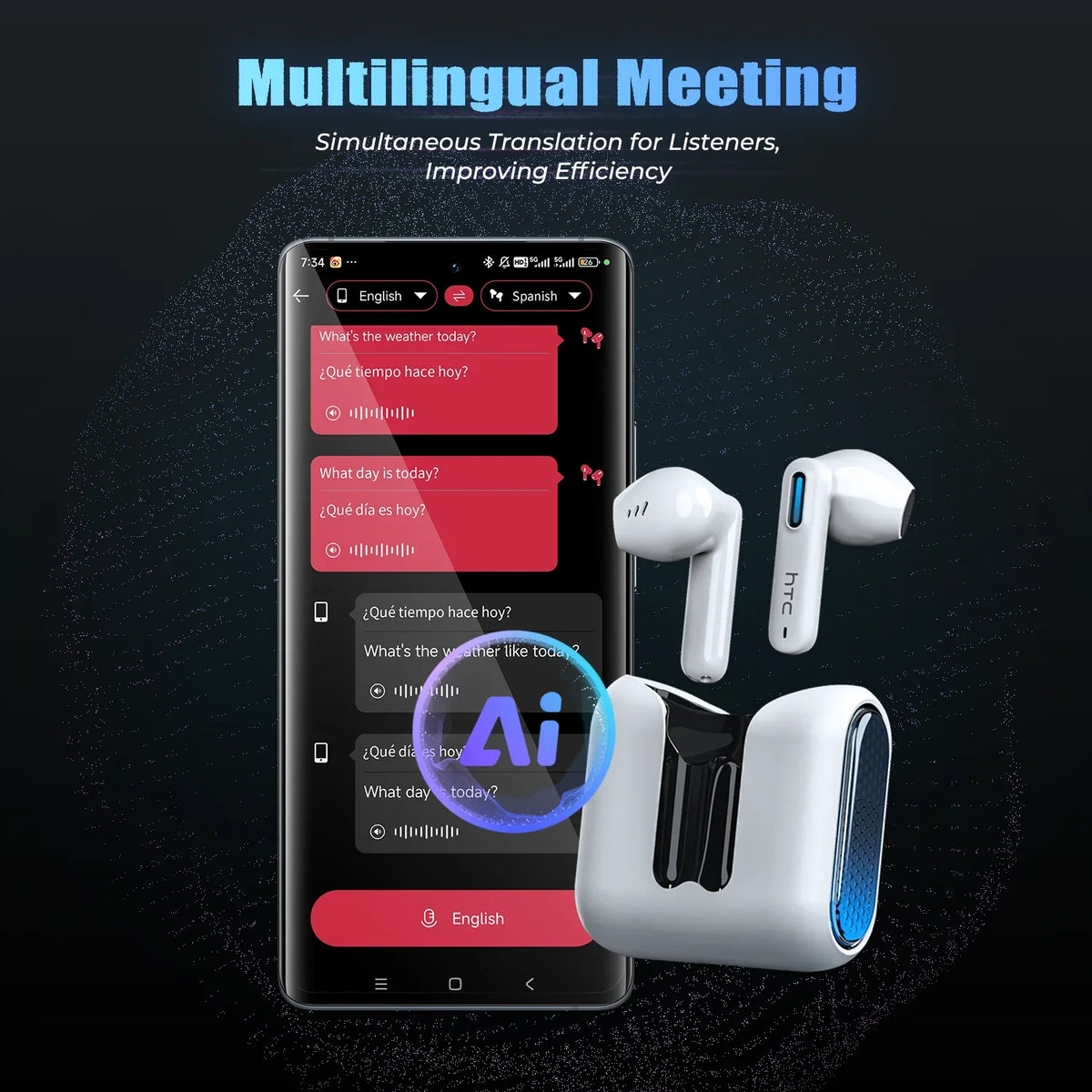 HTC NE49 Wireless Headphones Earphones Bluetooth V6.0 TWS In-Ear Comfortable Earbuds Ultra Low Latency AI Translator Earbuds