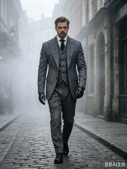 Formal 3 Pieces Men's Grey Herringbone Suits Slim Fit Peak Lapel Tweed Prom Tuxedos For Wedding/Business(Blazer+Vest+Pants)