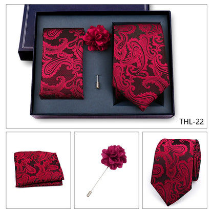 Elegant Ties For Men Classic Paisly Neck Tie Pocket Square Brooch Set With Gift Box Mens Business Wedding Suit Accessories