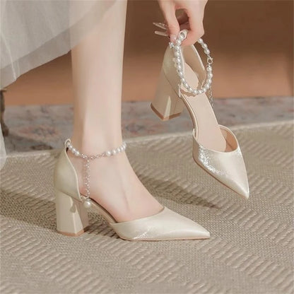 Elegant Pearl Embellished Pointed Toe Chunky Heel Open Toe High Heels Wedding Shoes for Women Comfortable Dress Pumps Stylish