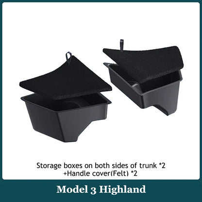 For 2025 2026 Tesla Model 3 Highland Trunk Storage Bins Rear Trunk Organizer Trunk Side Box With Carpeted TPE Lids Accessories