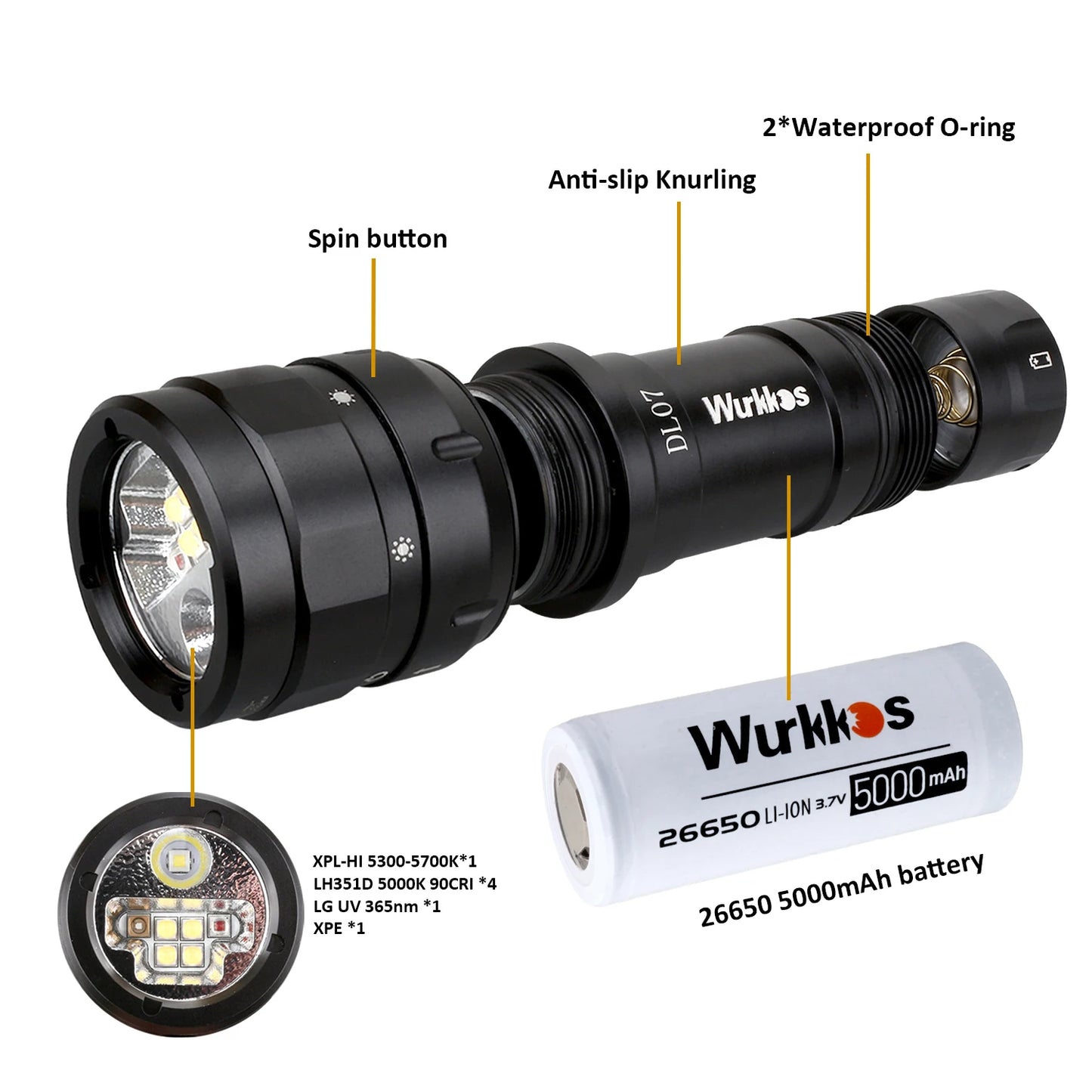 Wurkkos DL07 Scuba Diving Flashlight 26650 Multi Color LED Lamp White Red Light 3000LM EDC Underwater Lantern IPX8 Rotary Switch