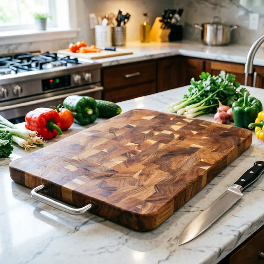 Large Acacia Wood Cutting Board, Checkerboard End Grain Butcher Block, Thick Reversible Wooden Chopping Board with Metal Handle