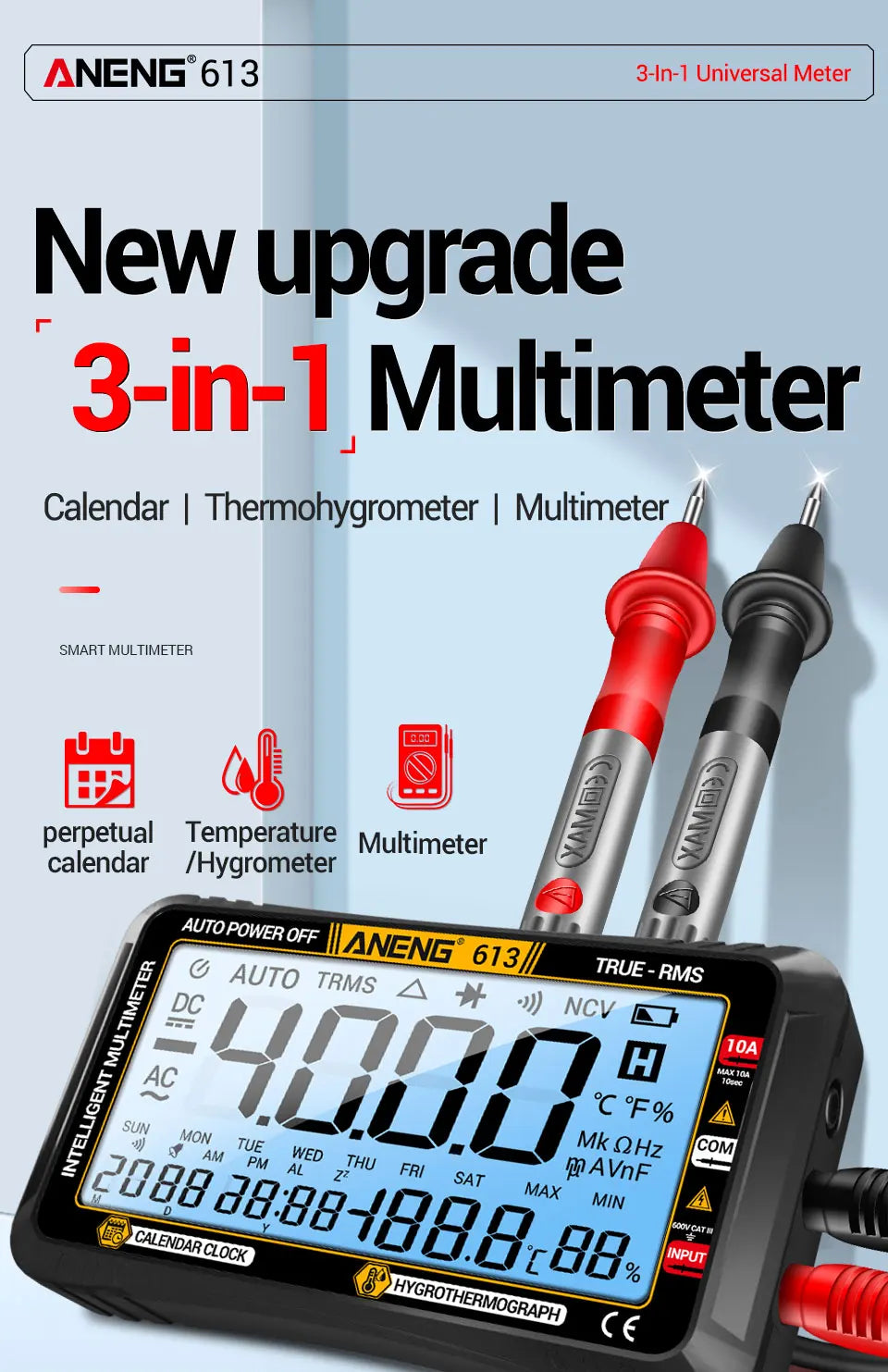 Smart Multimeter Detector 4000 Count Digital  AC/DC Curent Voltage Resistor Measurement  3 in 1 Professional Test Tool ANENG 613